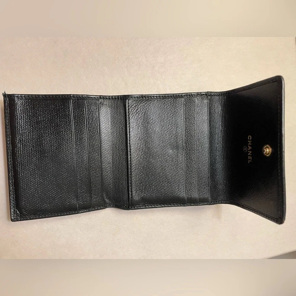 CHANEL COCO Button W Hook Wallet Black Leather Trifold
